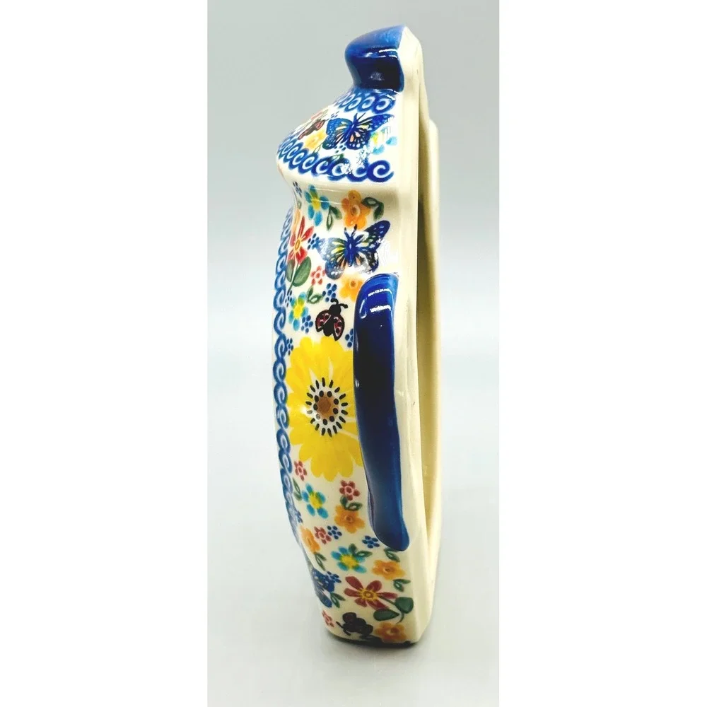 Polish Pottery Teapot Kettle Wall Mantle Clock Floral Butterfly Alla Volta